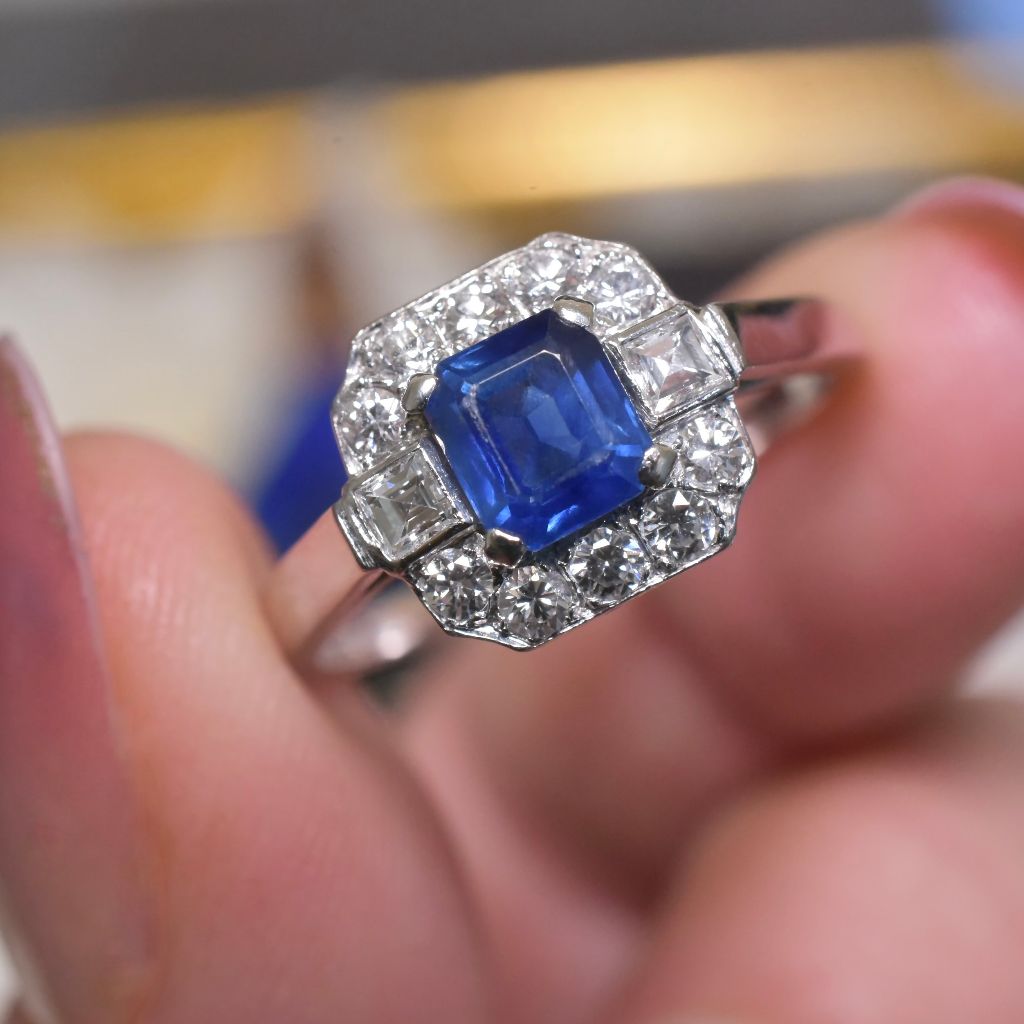 Modern Solid Platinum Natural Sapphire And Diamond Art Deco-Style Ring - Birmingham 1999