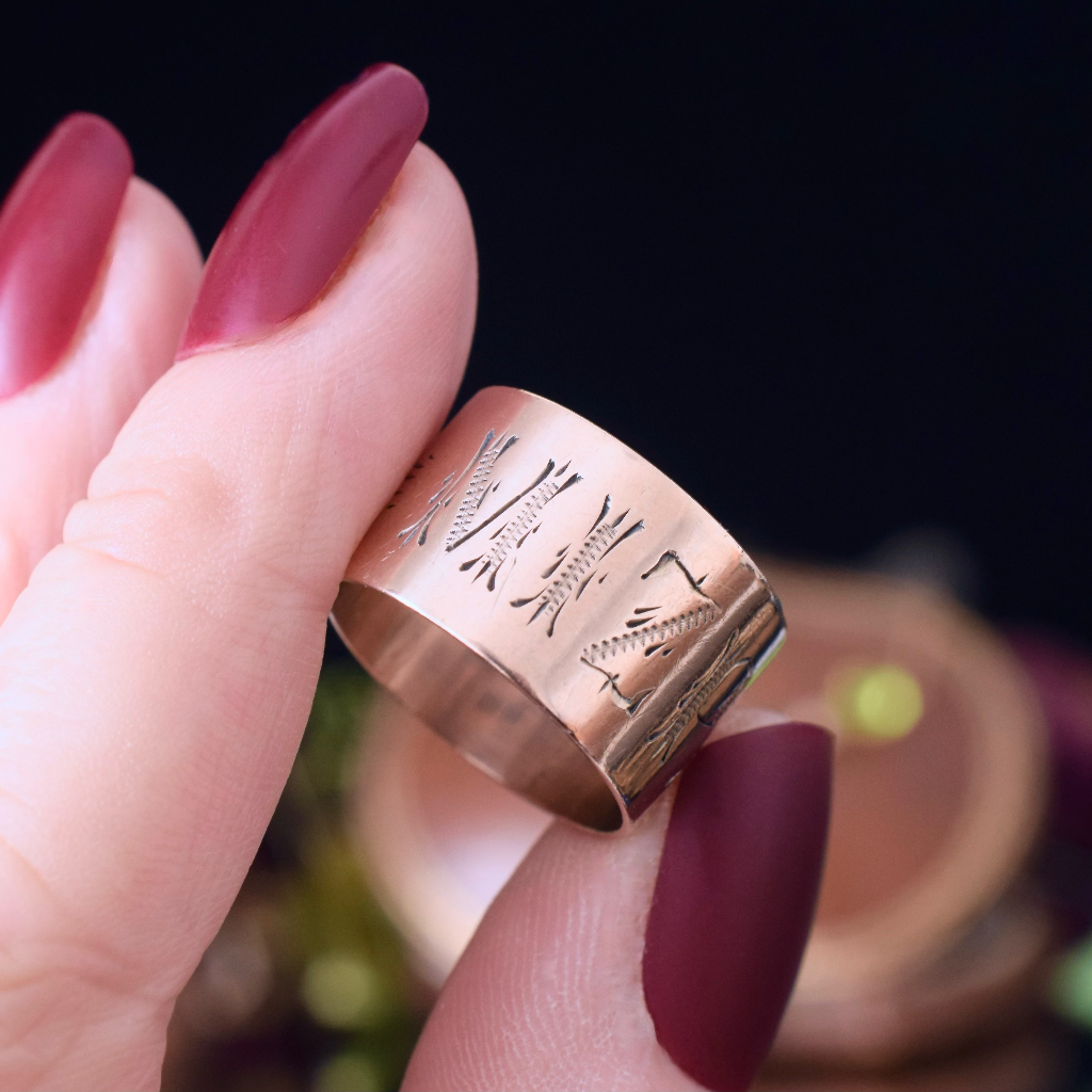 Antique Edwardian 9ct Rose Gold ‘Cigar’ Band ‘MIZPAH’ Ring Circa 1910