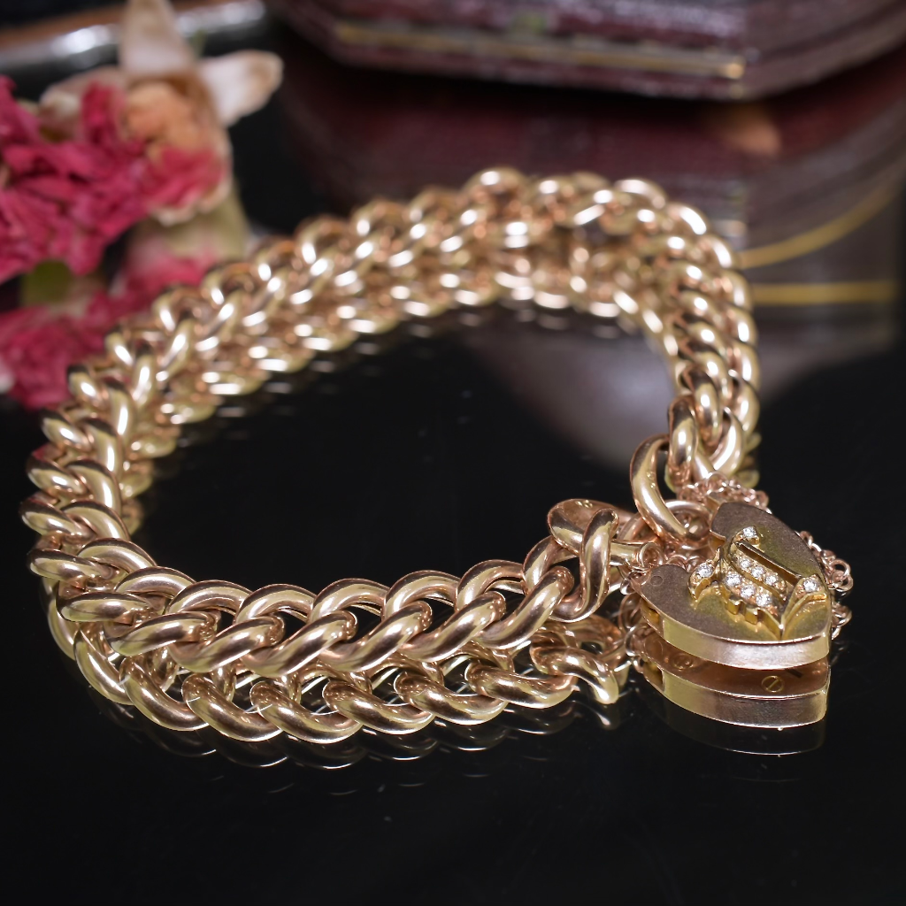 Antique Victorian 9ct Rose Gold And Diamond Padlock Bracelet - 1901
