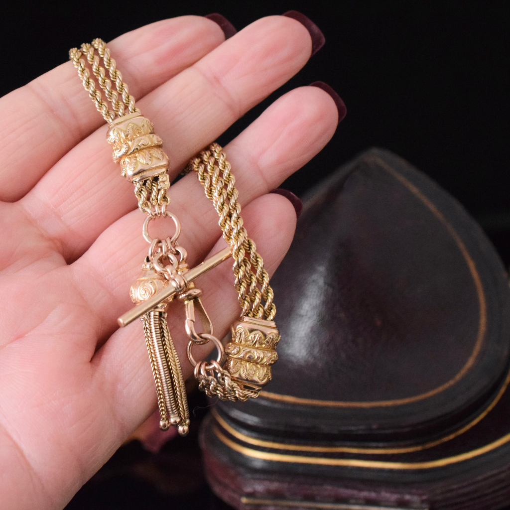 Superb Victorian 9ct Rose Gold Triple Strand Albertina Bracelet With T-bar And Tassel Circa 1890