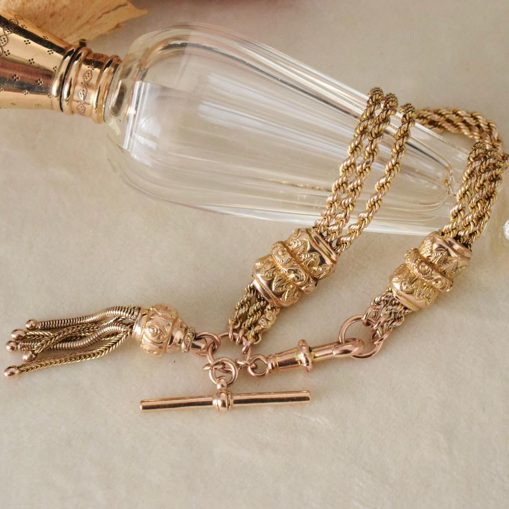 Superb Victorian 9ct Rose Gold Triple Strand Albertina Bracelet With T-bar And Tassel Circa 1890