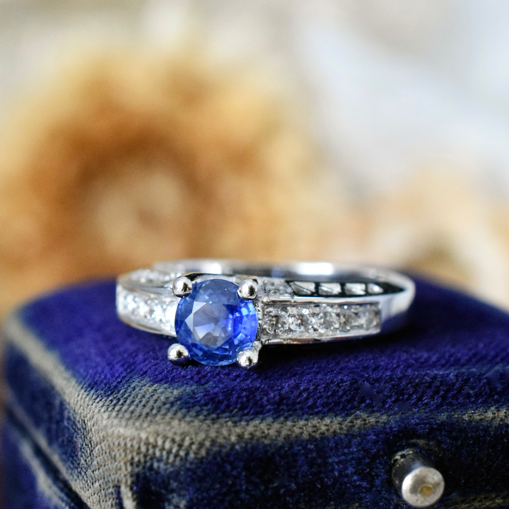 Modern 18ct White Gold Ceylon Sapphire And Diamond Ring Independent Valuation Included In Purchase For $4,850 AUD