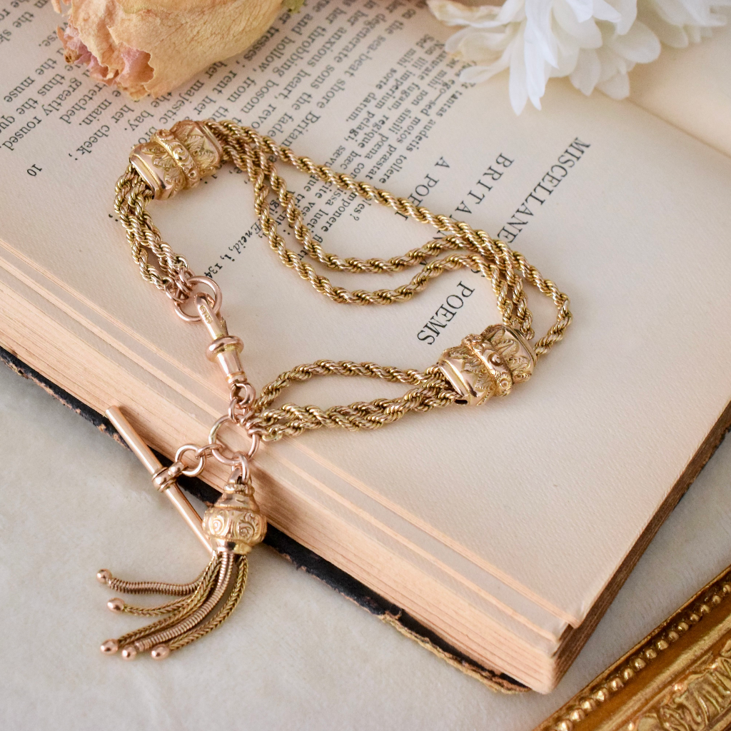 Superb Victorian 9ct Rose Gold Triple Strand Albertina Bracelet With T-bar And Tassel Circa 1890