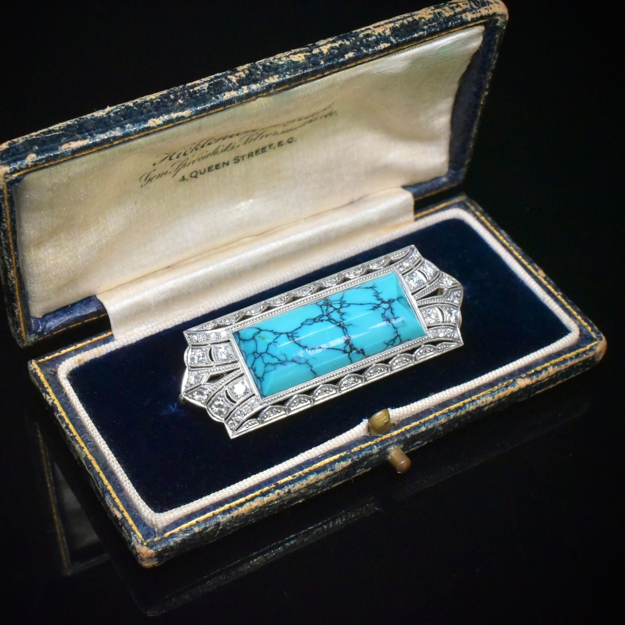 Antique Art Deco 14ct White Gold Turquoise And Diamond Brooch Circa 1925 Independent Gemmological Valuation Included $6000 AUD