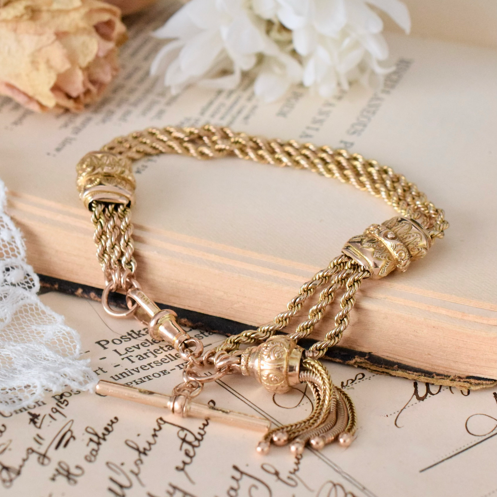 Superb Victorian 9ct Rose Gold Triple Strand Albertina Bracelet With T-bar And Tassel Circa 1890