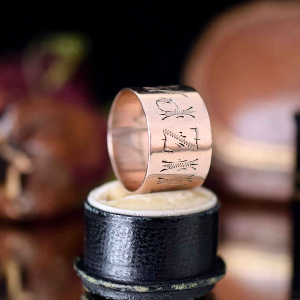Antique Edwardian 9ct Rose Gold ‘Cigar’ Band ‘MIZPAH’ Ring Circa 1910