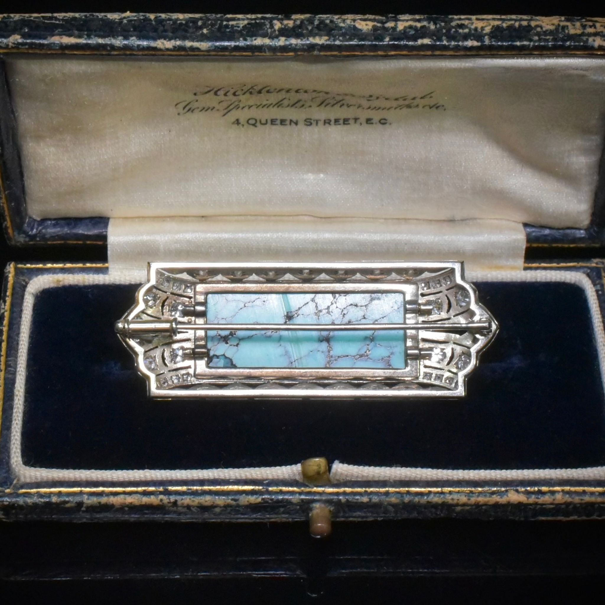 Antique Art Deco 14ct White Gold Turquoise And Diamond Brooch Circa 1925 Independent Gemmological Valuation Included $6000 AUD