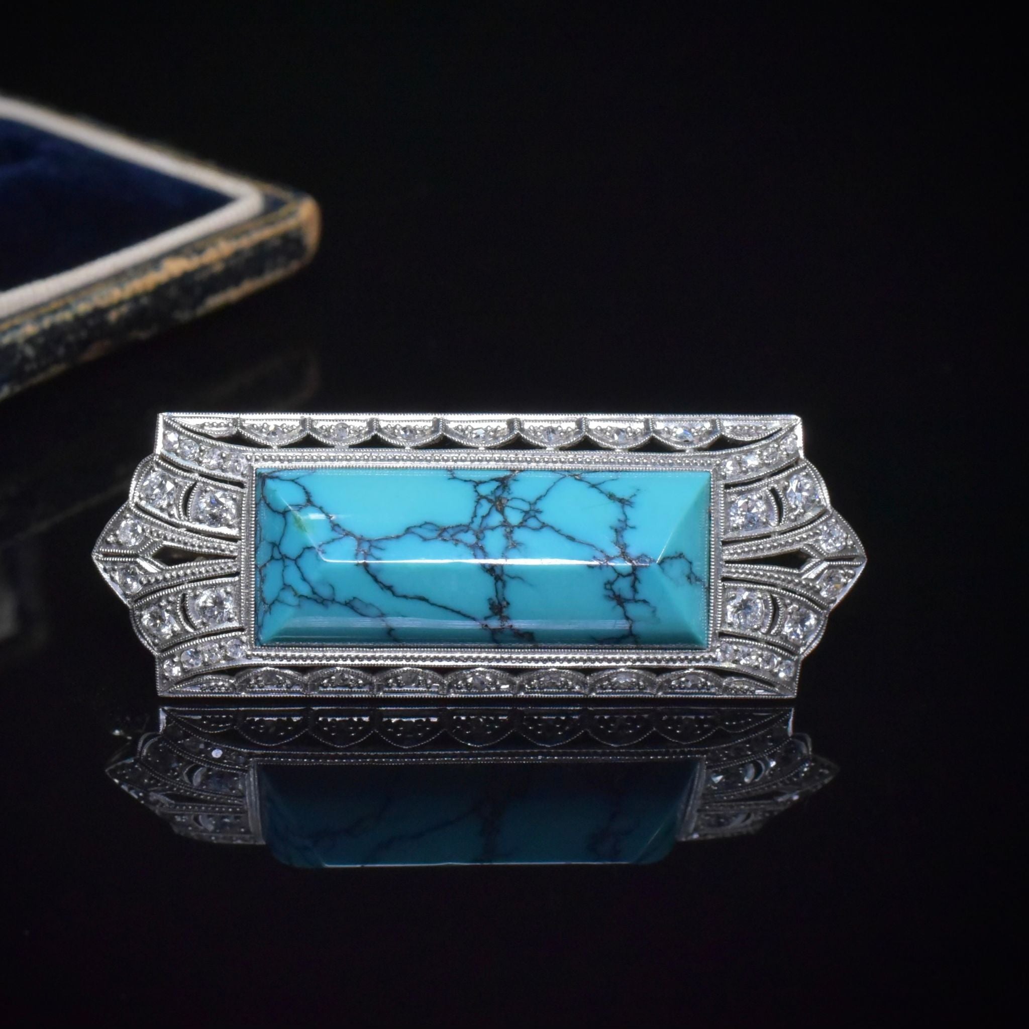 Antique Art Deco 14ct White Gold Turquoise And Diamond Brooch Circa 1925 Independent Gemmological Valuation Included $6000 AUD