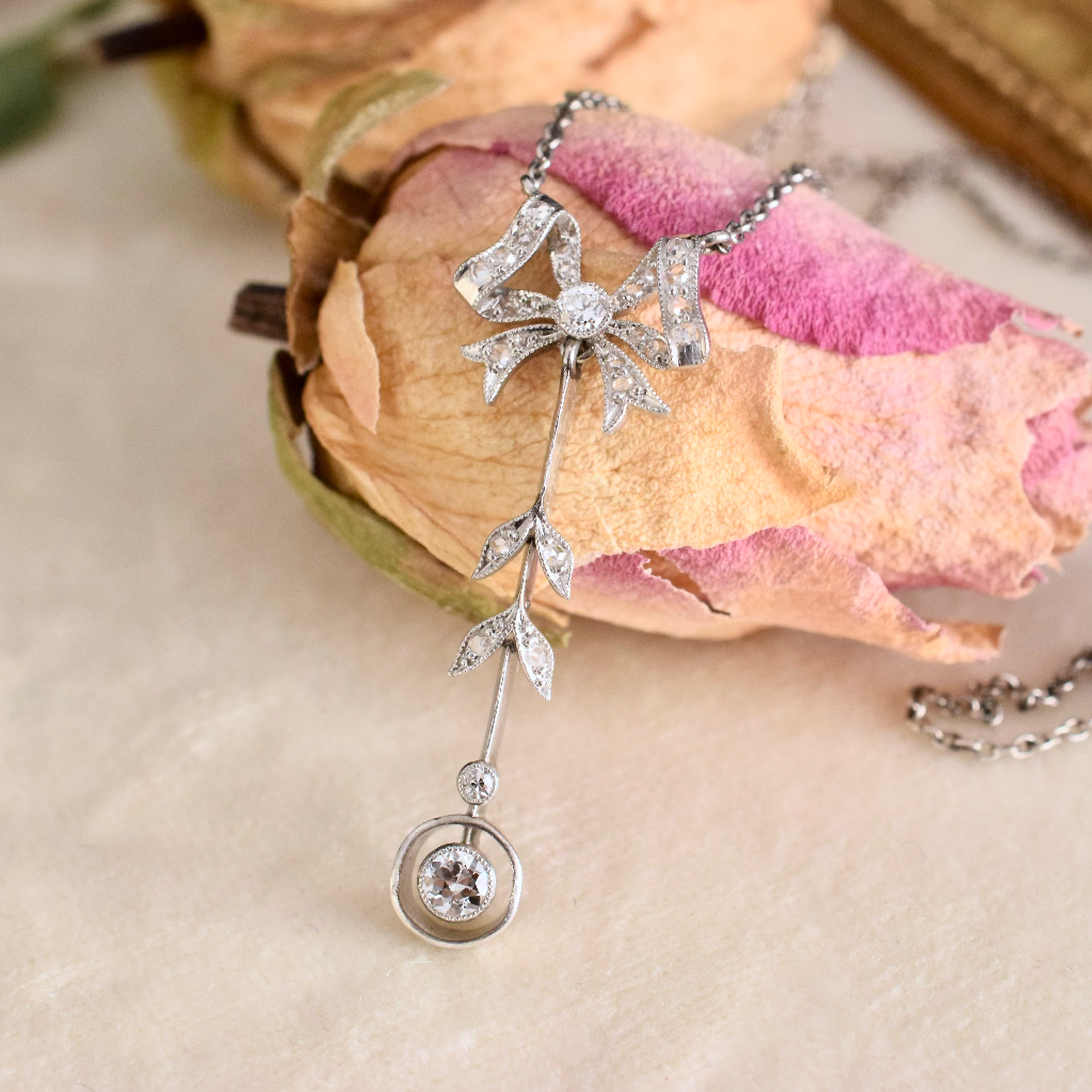 Antique Edwardian/Belle Epoque Era Platinum And Diamond ‘Bow’ Lavaliere Circa 1912
