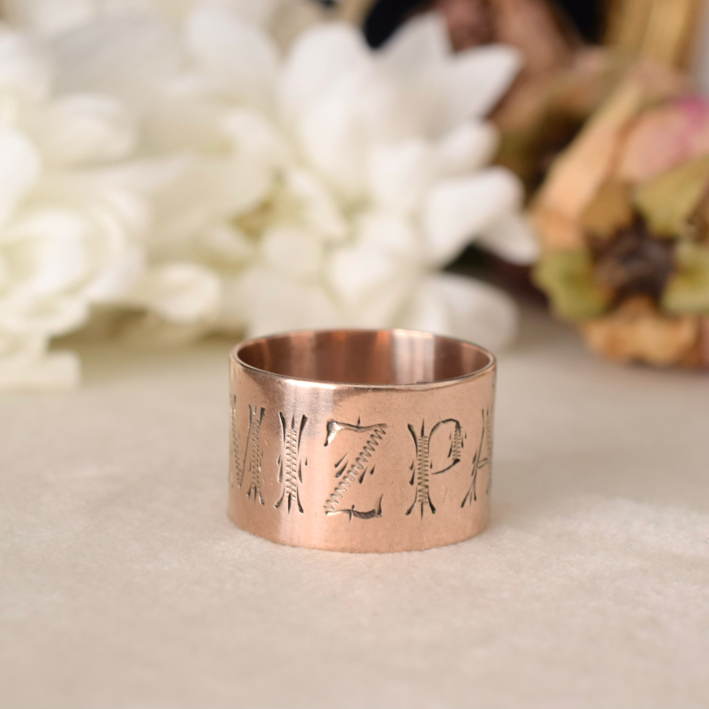 Antique Edwardian 9ct Rose Gold ‘Cigar’ Band ‘MIZPAH’ Ring Circa 1910