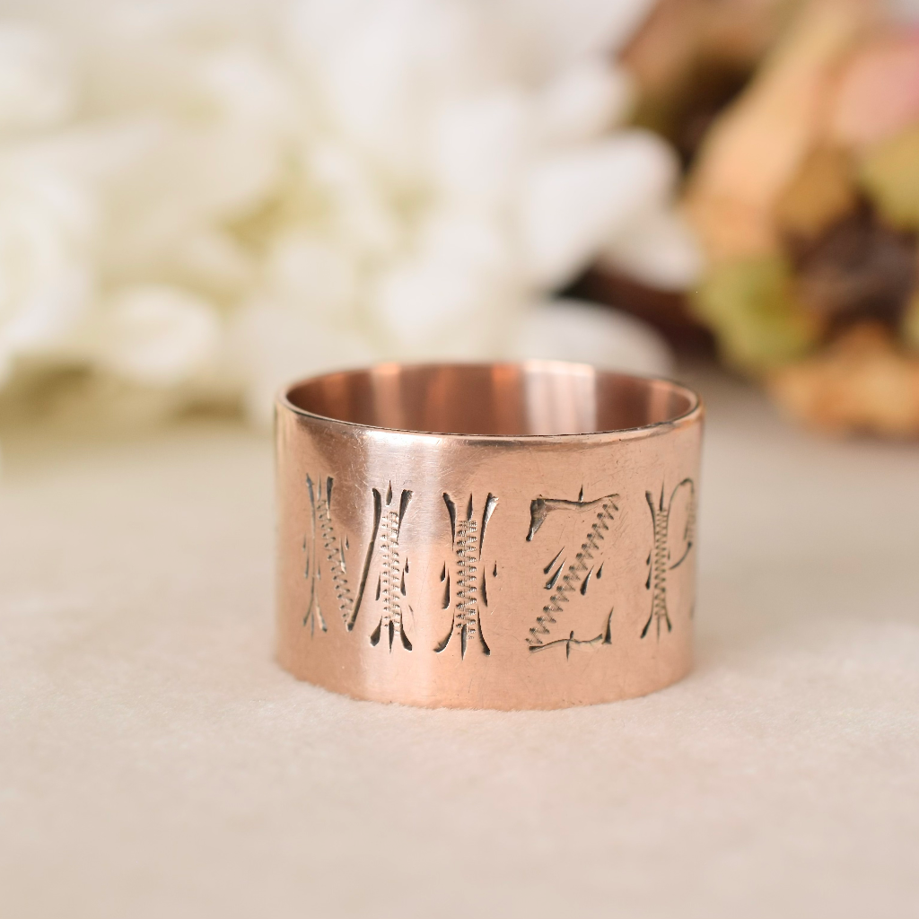 Antique Edwardian 9ct Rose Gold ‘Cigar’ Band ‘MIZPAH’ Ring Circa 1910