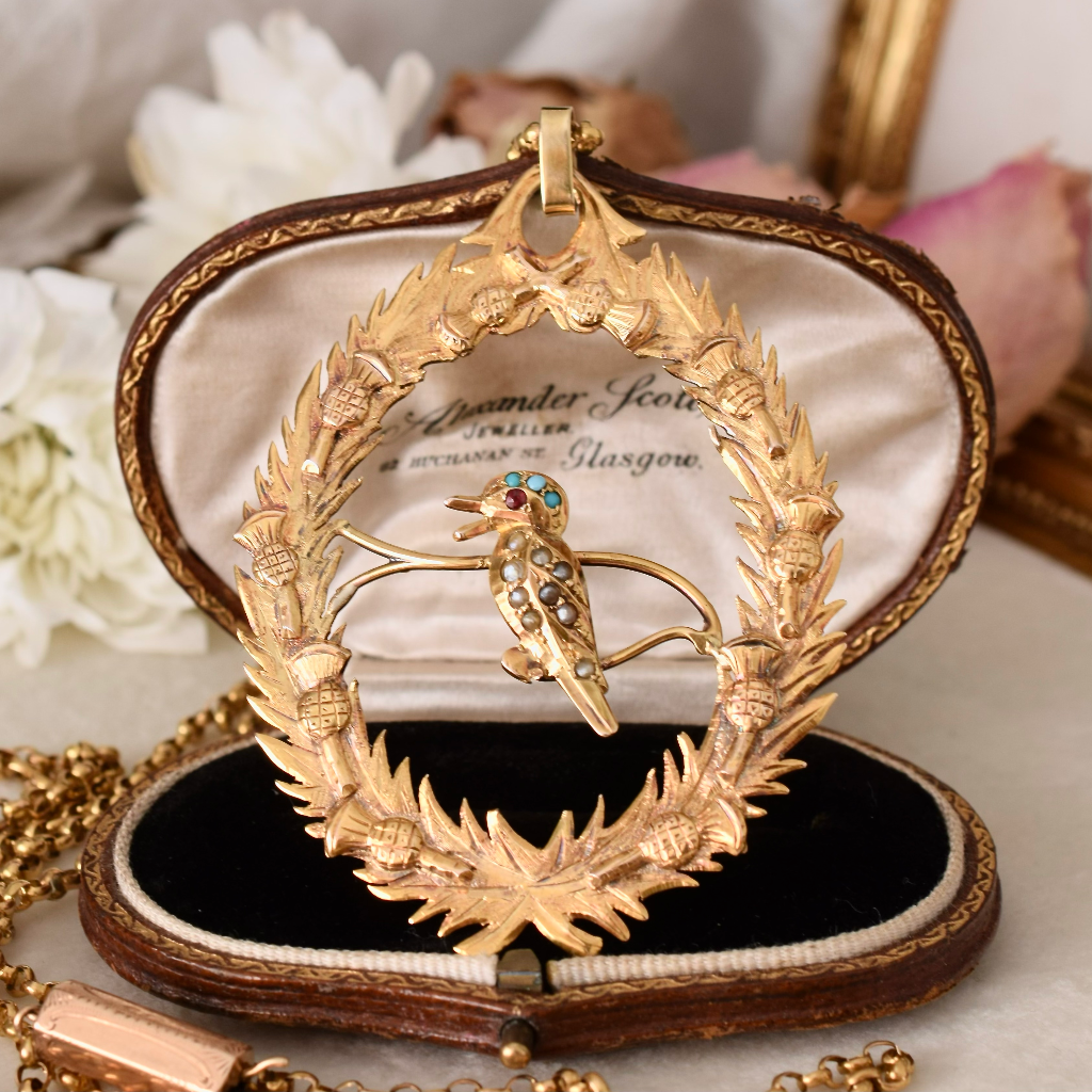 Antique Australian 9ct Yellow Gold Kookaburra And Thistle Pendant By Aronson & Co Circa 1900