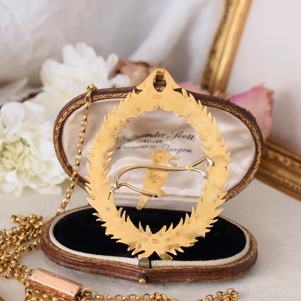 Antique Australian 9ct Yellow Gold Kookaburra And Thistle Pendant By Aronson & Co Circa 1900