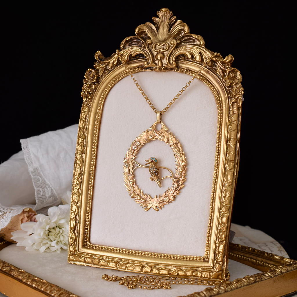 Antique Australian 9ct Yellow Gold Kookaburra And Thistle Pendant By Aronson & Co Circa 1900