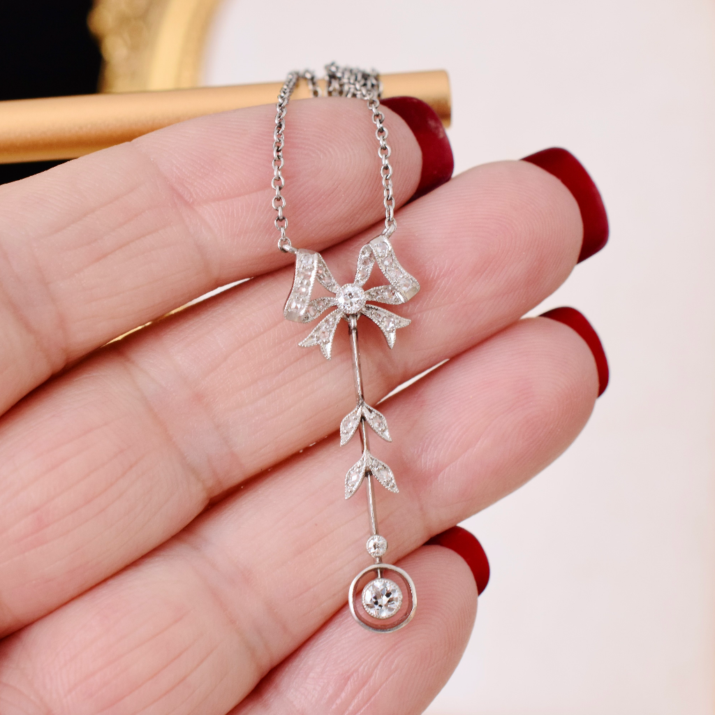 Antique Edwardian/Belle Epoque Era Platinum And Diamond ‘Bow’ Lavaliere Circa 1912