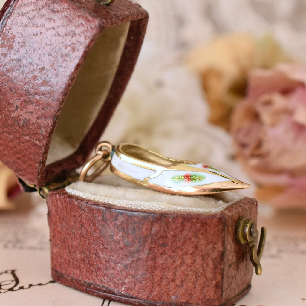 Vintage 14ct Rose Gold Enamel ‘Slipper’ Pendant / Charm