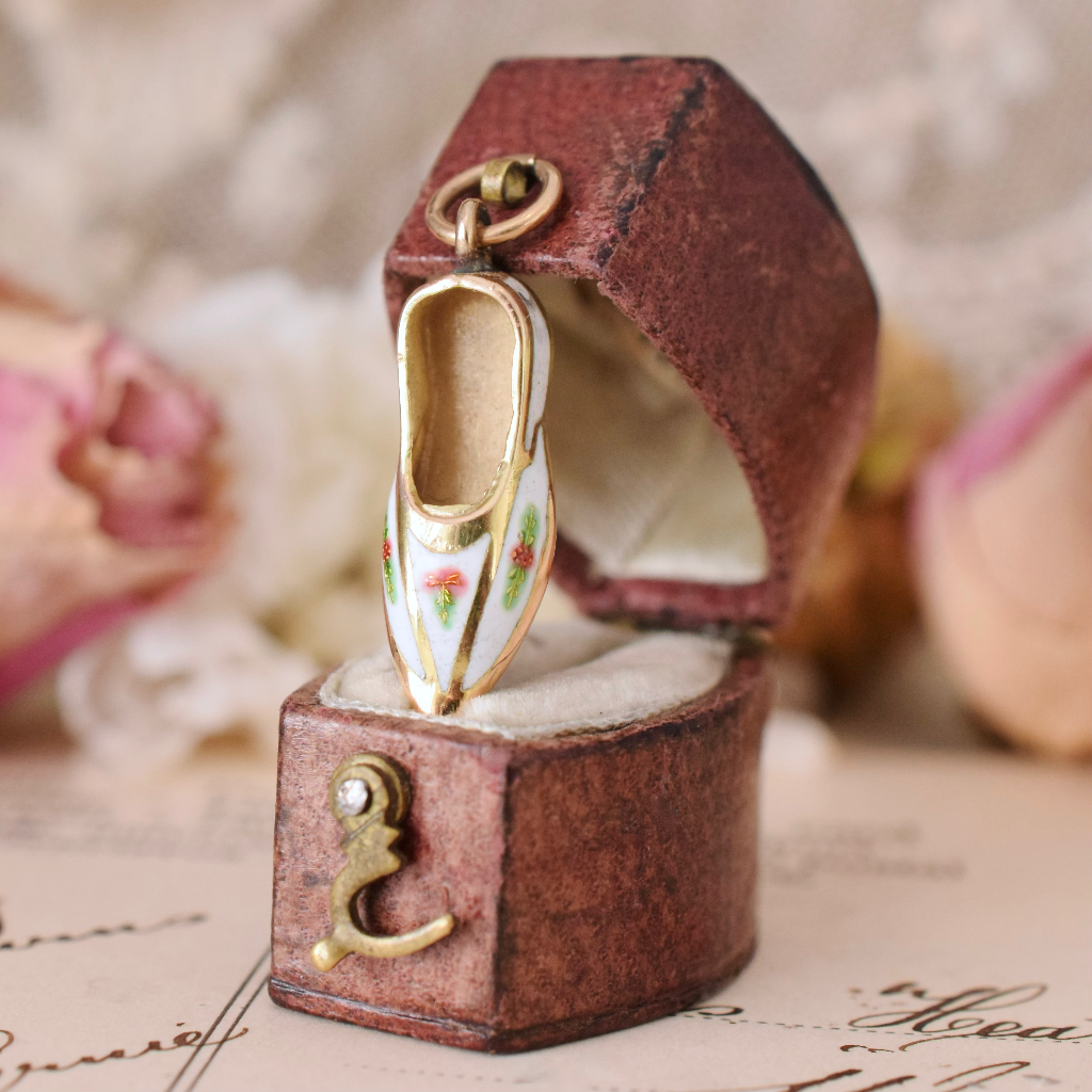 Vintage 14ct Rose Gold Enamel ‘Slipper’ Pendant / Charm