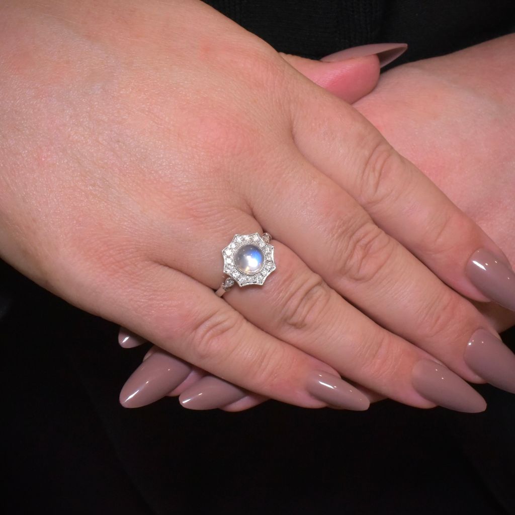 Modern 14ct White Gold Moonstone And Diamond Halo Ring