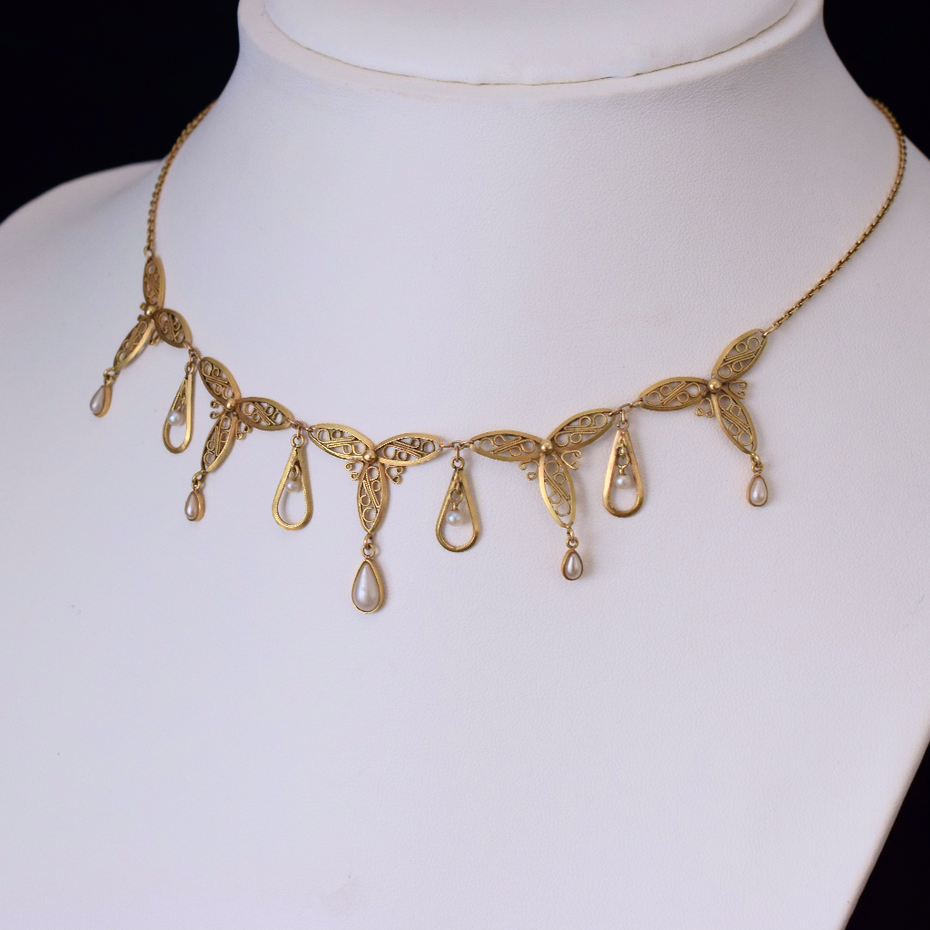 Antique Art Nouveau 18ct Yellow Gold And Pearl Filigree French Necklace Circa 1900