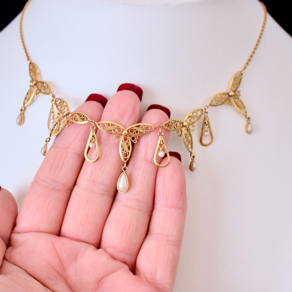 Antique Art Nouveau 18ct Yellow Gold And Pearl Filigree French Necklace Circa 1900