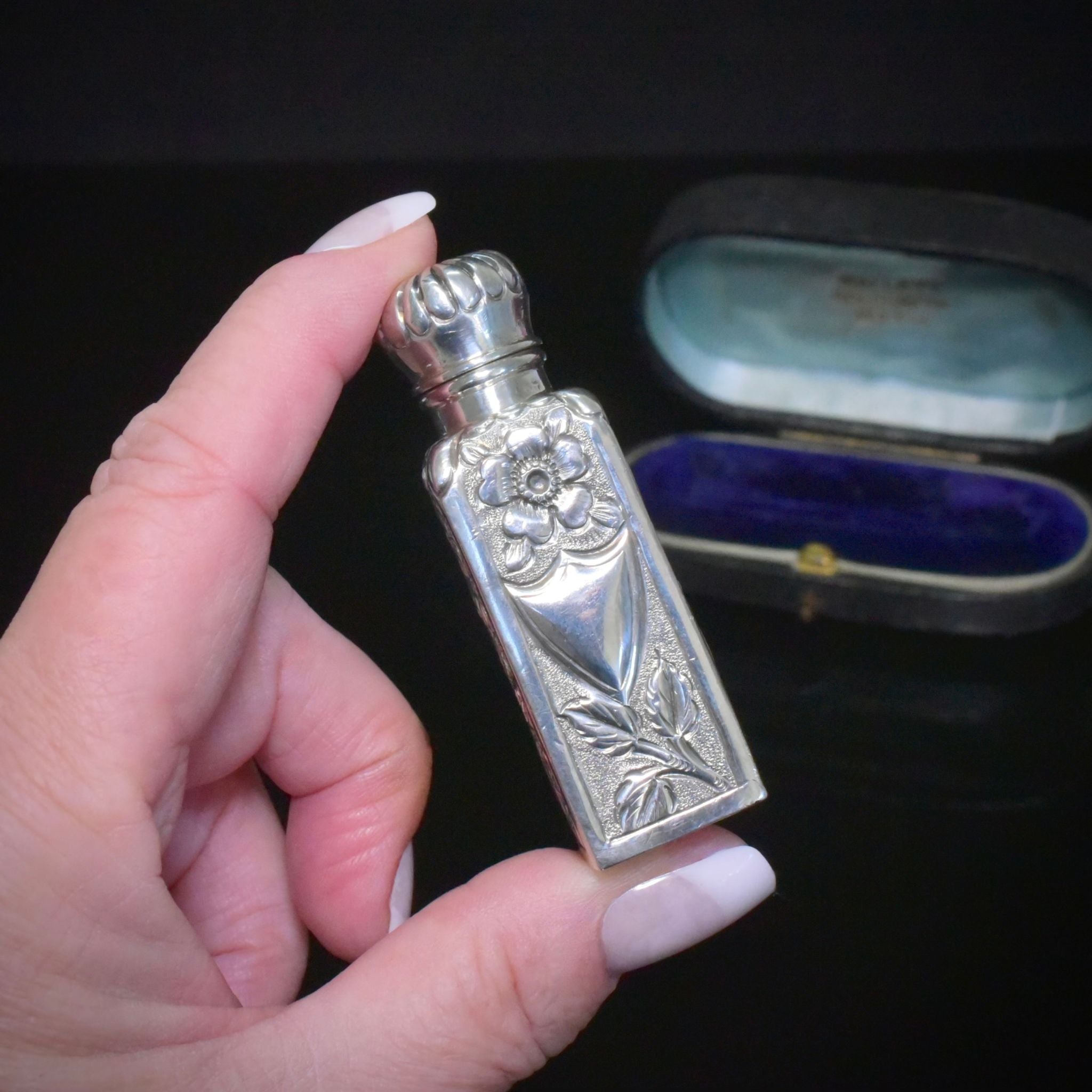 Antique Victorian/Art Nouveau Sterling Silver, Fitted Original Box, Perfume Bottle - Birmingham 1891
