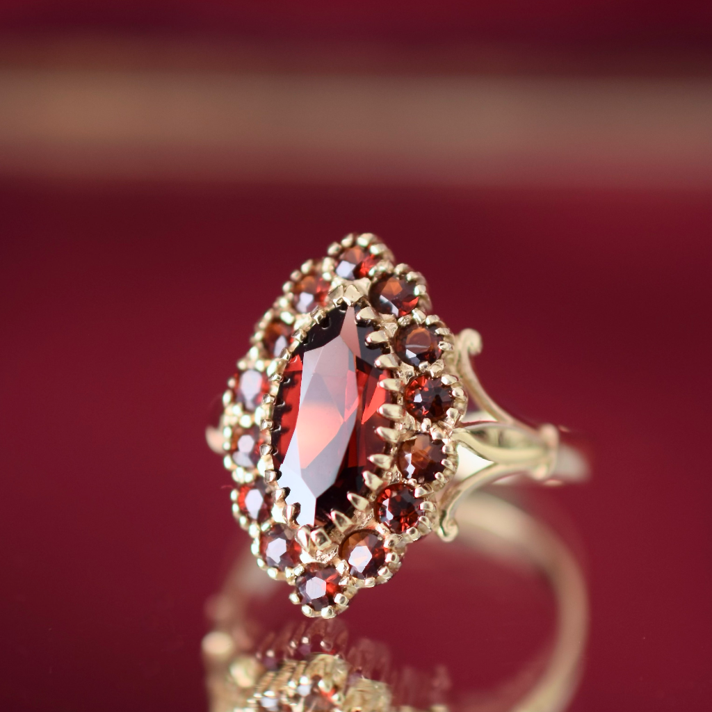 Modern 9ct Yellow Gold Navette Garnet Ring - Birmingham 1990