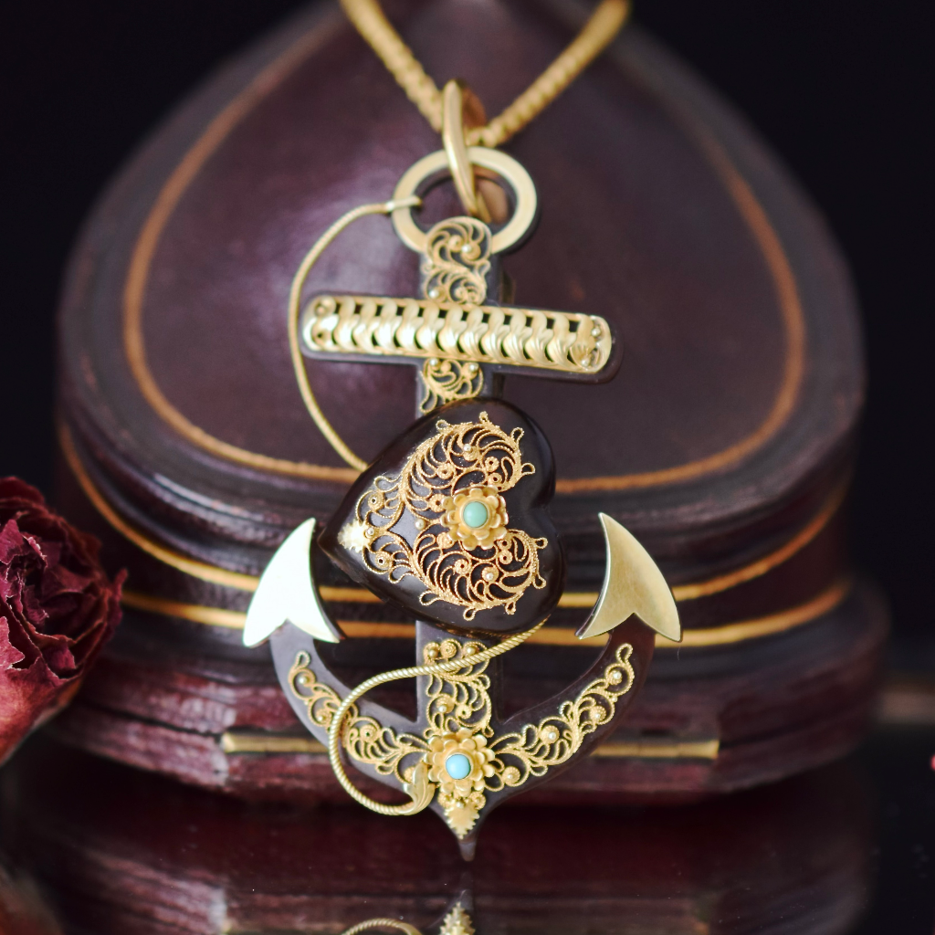 Antique Early Victorian 15ct Tortoise Shell ‘Fouled Anchor’ Brooch/Pendant Circa 1840-1860
