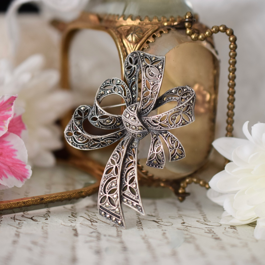 Vintage Sterling Silver And Marcasite ‘Bow’ Brooch Circa 1940-1950’s
