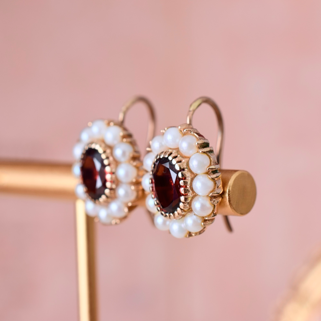 Vintage 9ct Yellow Gold Garnet And Pearl Earrings