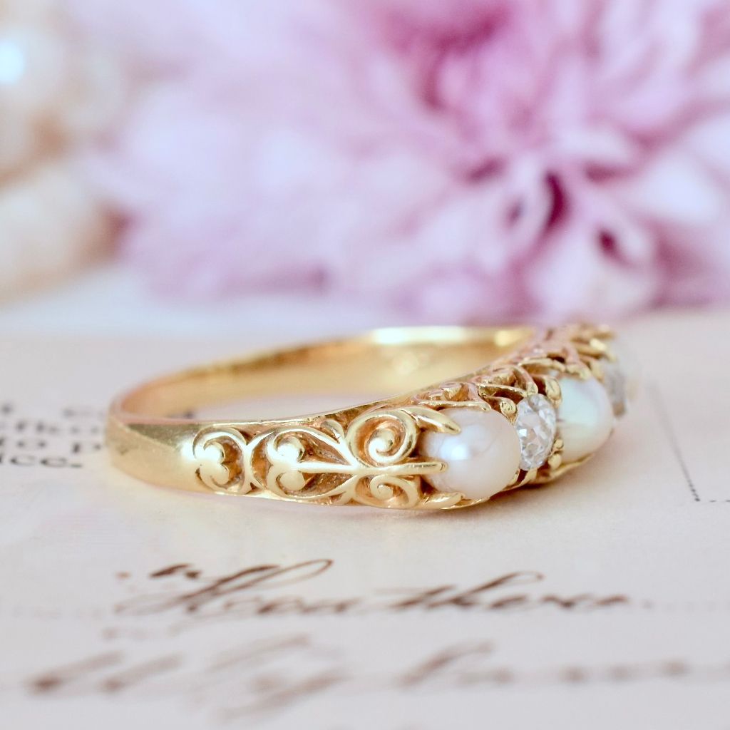 Antique Edwardian 18ct Yellow Gold Diamond Pearl Five Stone Ring