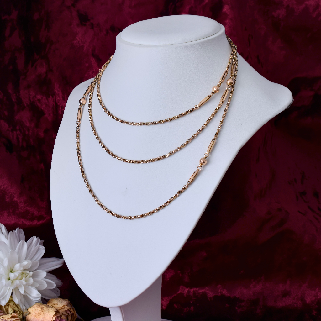 Antique Victorian 9ct Rose Gold Fancy Ball And Link Long Chain Circa 1890