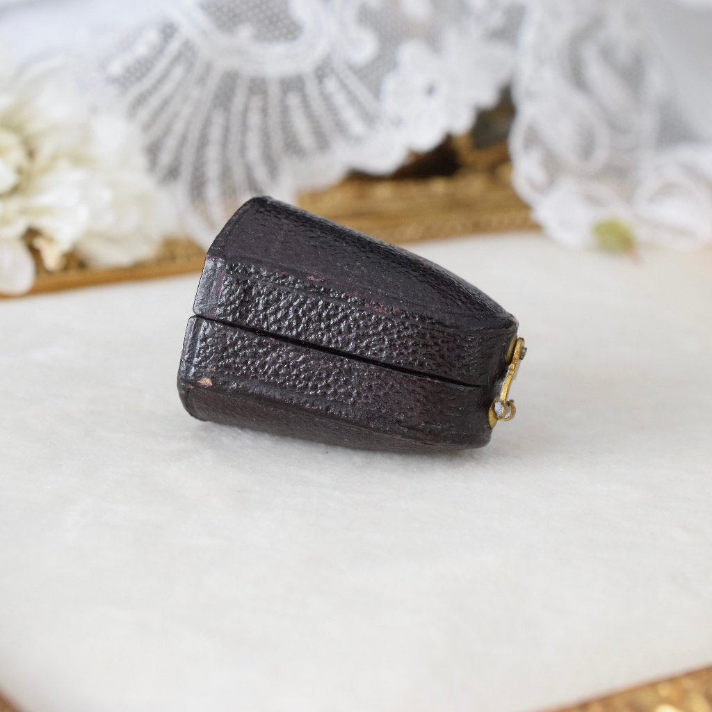 Antique Victorian Leather And Blue Velvet Hinged Thimble Case Circa 1890