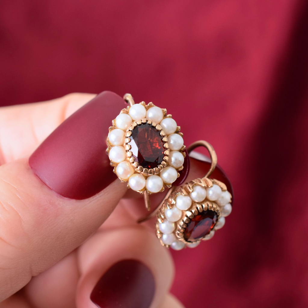 Vintage 9ct Yellow Gold Garnet And Pearl Earrings
