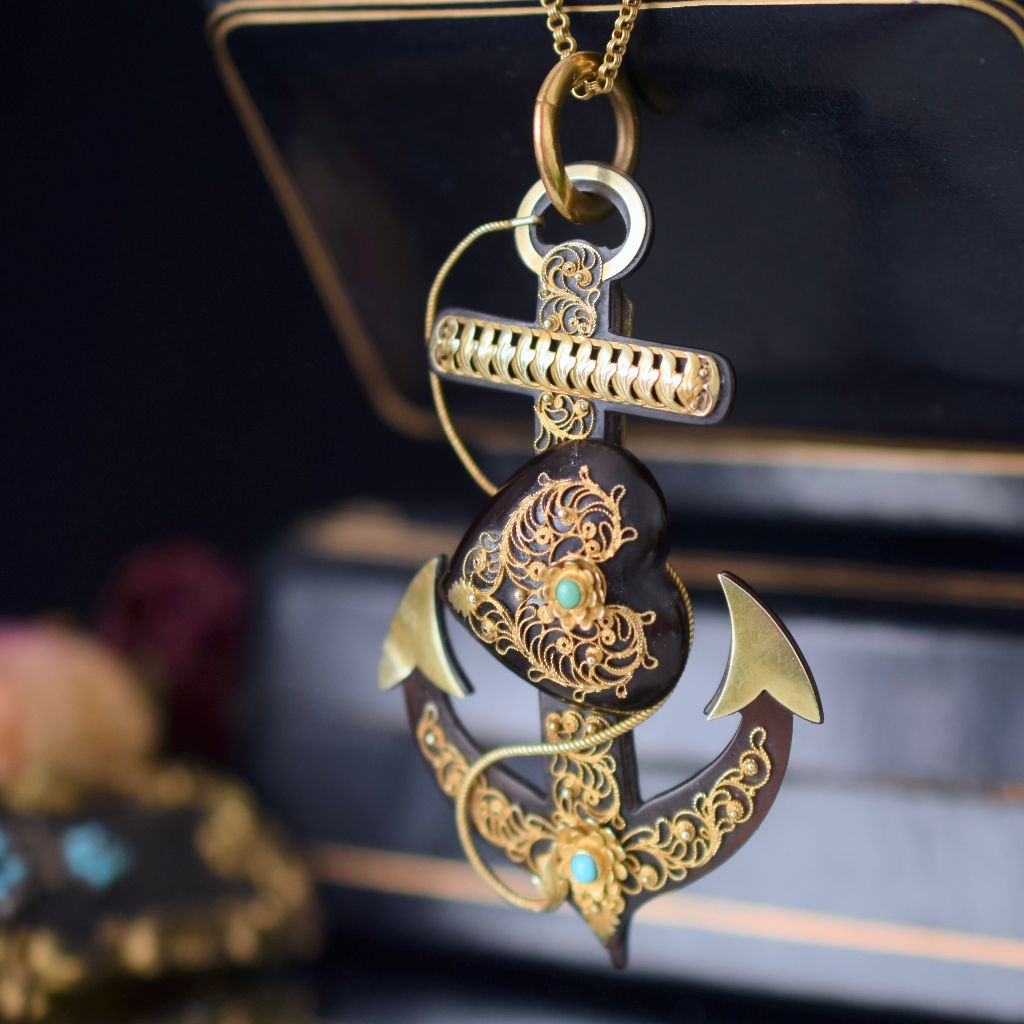 Antique Early Victorian 15ct Tortoise Shell ‘Fouled Anchor’ Brooch/Pendant Circa 1840-1860