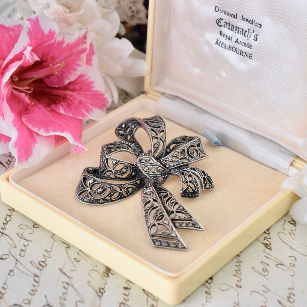 Vintage Sterling Silver And Marcasite ‘Bow’ Brooch Circa 1940-1950’s
