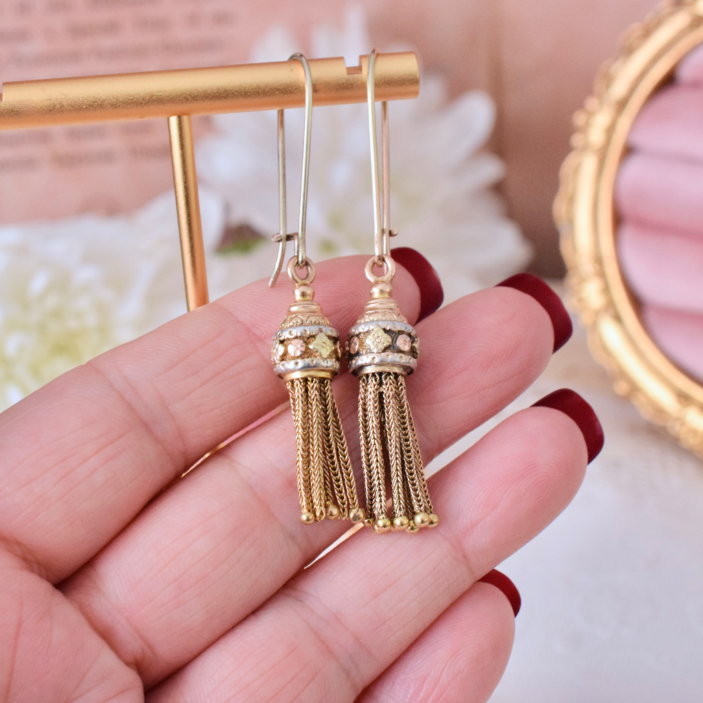 Antique Victorian 15ct (9ct Hooks) Tri-Colour Gold Tassel Earrings Circa 1870-1880