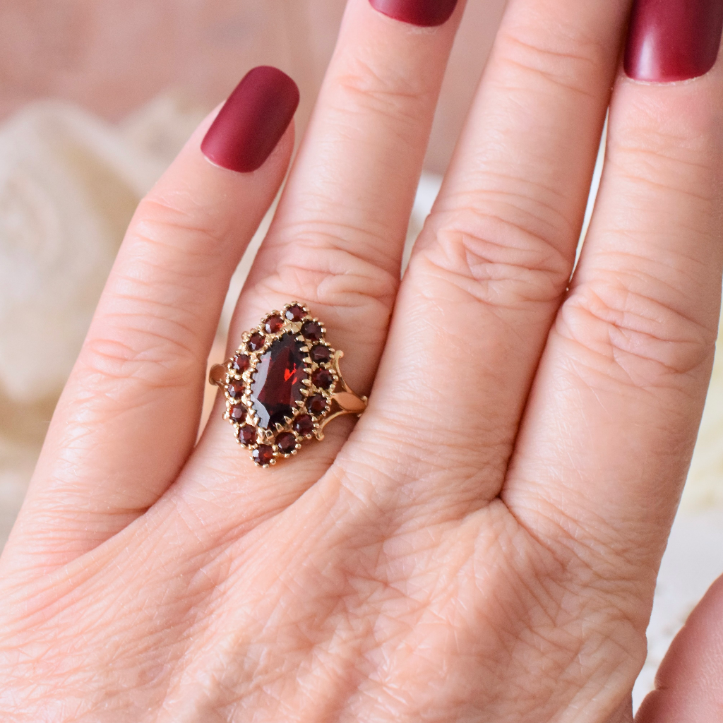Modern 9ct Yellow Gold Navette Garnet Ring - Birmingham 1990