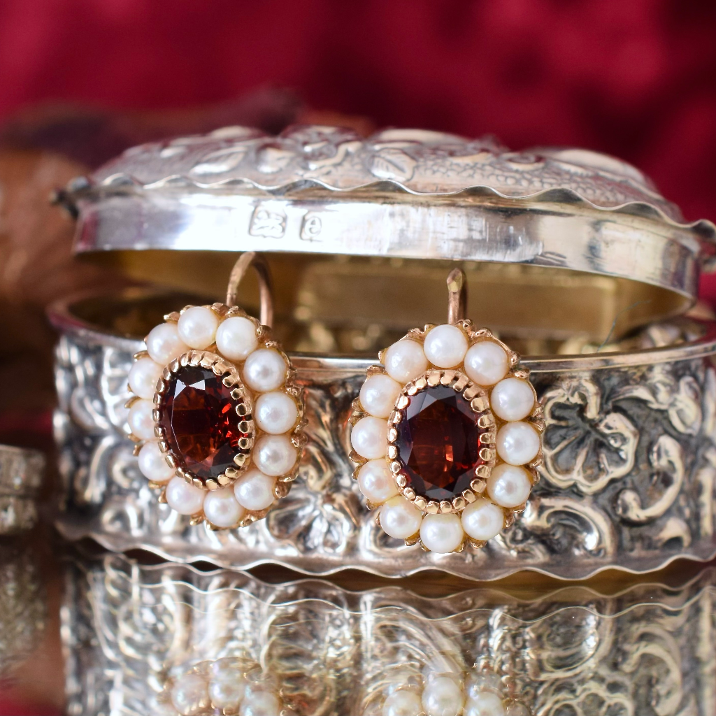 Vintage 9ct Yellow Gold Garnet And Pearl Earrings