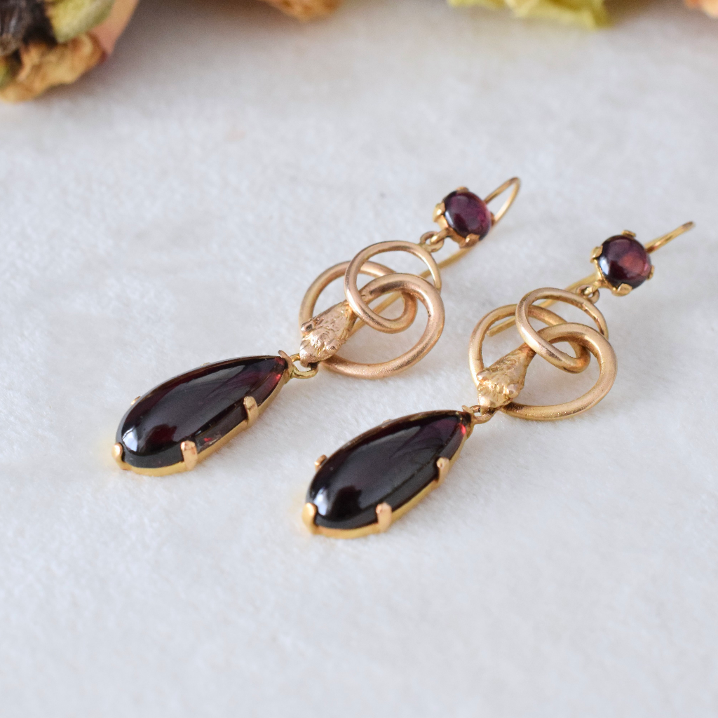 Antique Victorian 11ct Gold And Garnet Snake Earrings Circa 1880