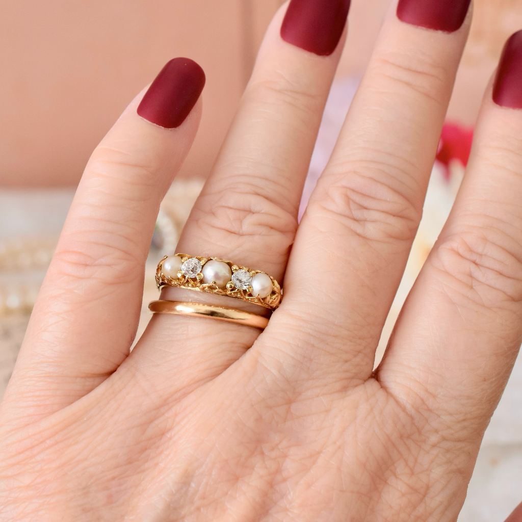Antique Edwardian 18ct Yellow Gold Diamond Pearl Five Stone Ring