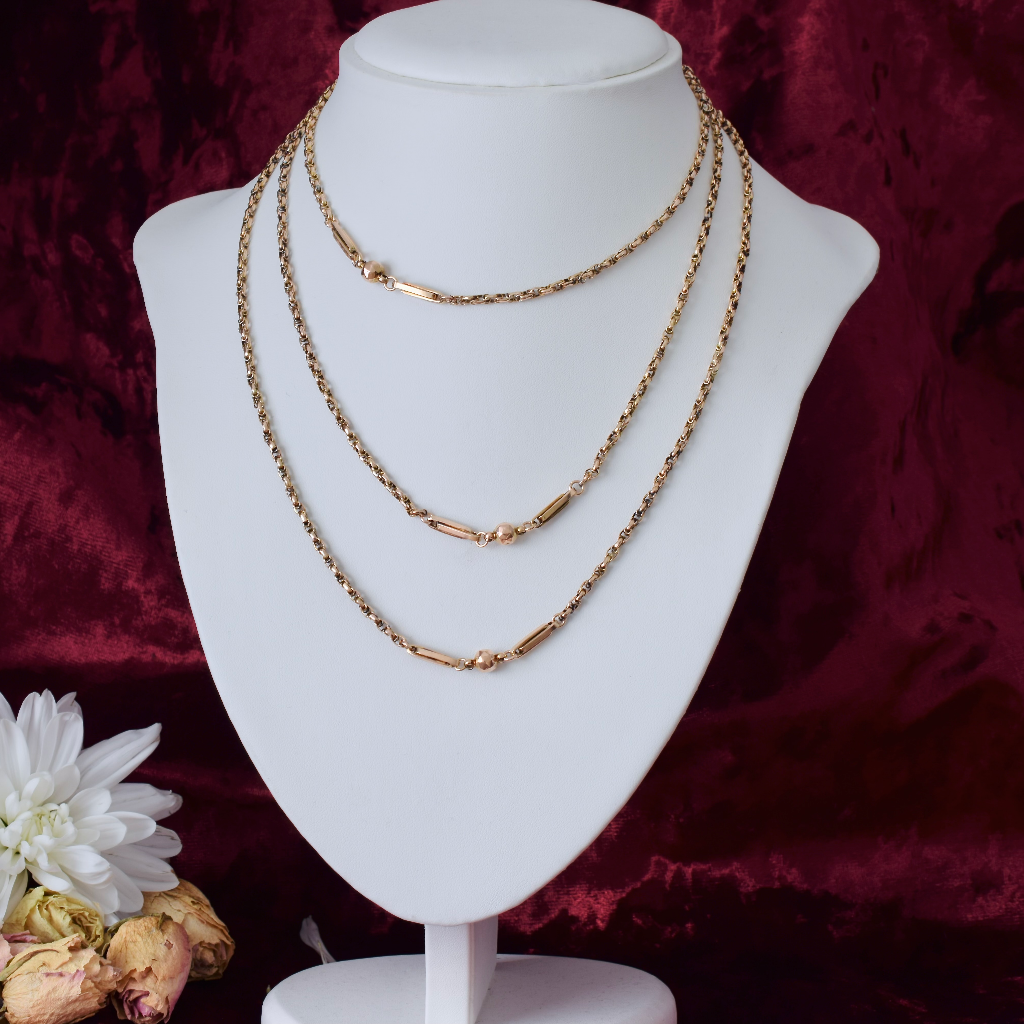 Antique Victorian 9ct Rose Gold Fancy Ball And Link Long Chain Circa 1890