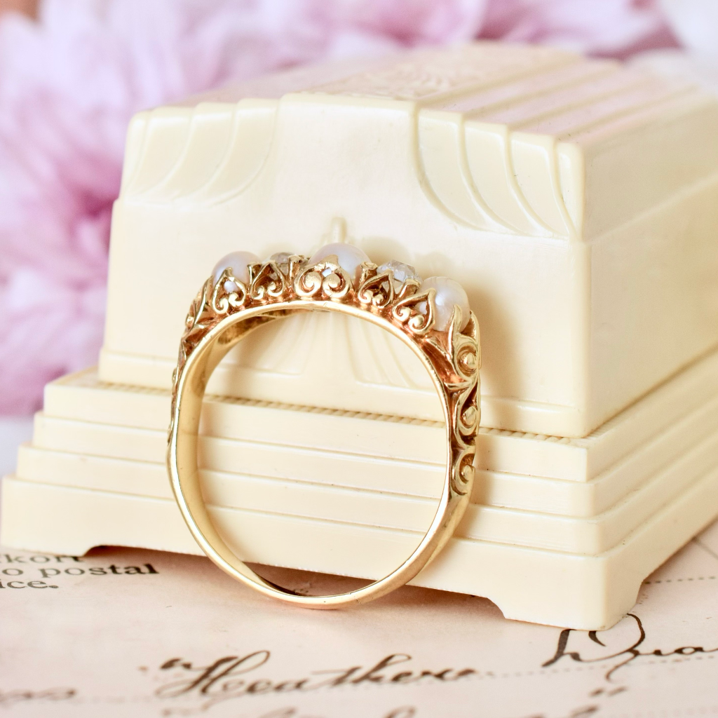 Antique Edwardian 18ct Yellow Gold Diamond Pearl Five Stone Ring