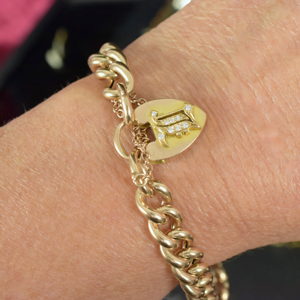Antique Victorian 9ct Rose Gold And Diamond Padlock Bracelet - 1901