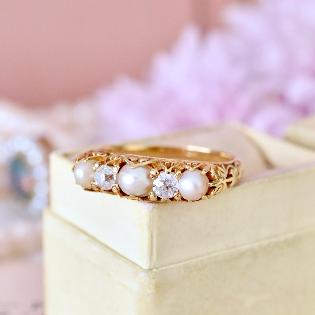Antique Edwardian 18ct Yellow Gold Diamond Pearl Five Stone Ring