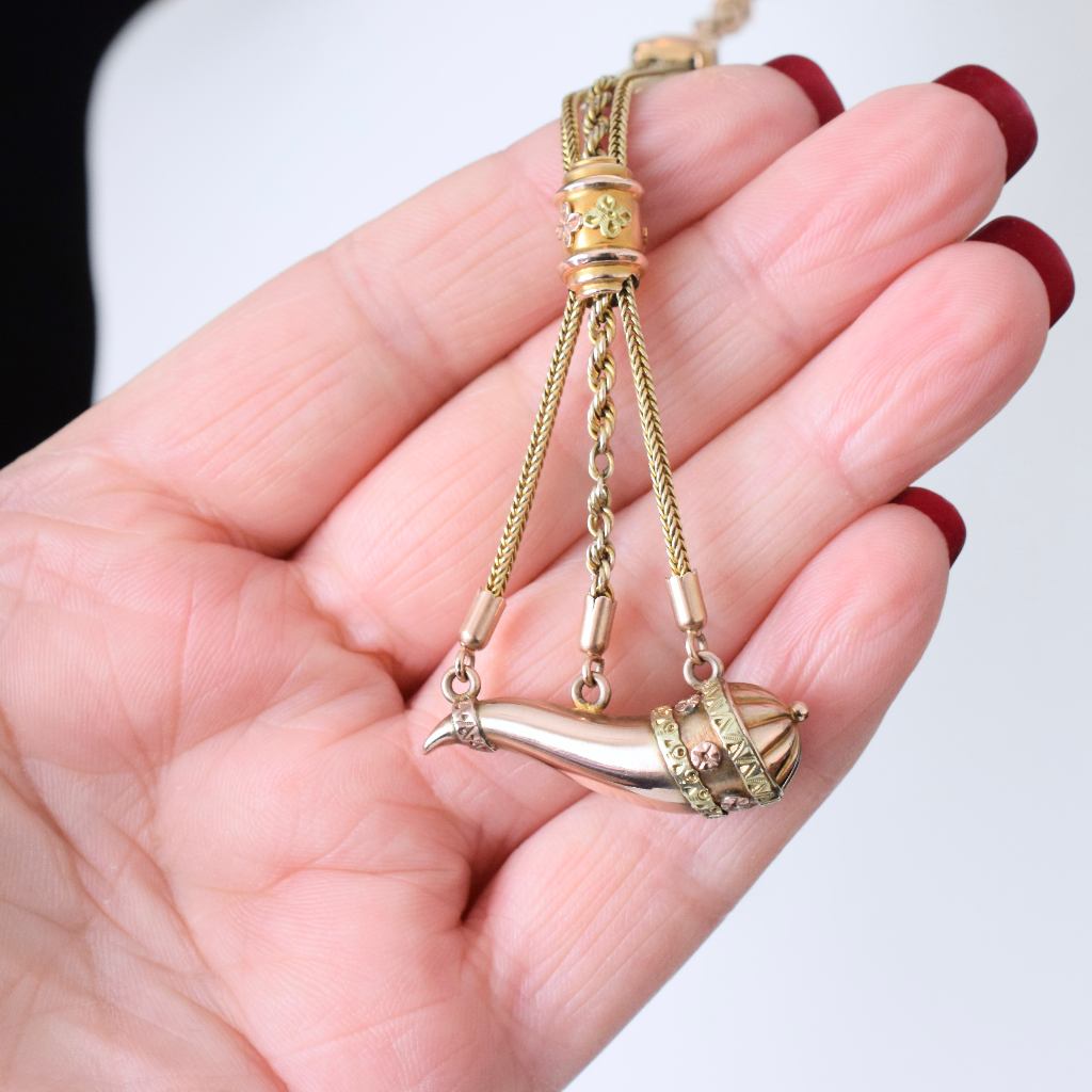 Antique Victorian 9ct Rose And Yellow Gold 'Cornucopia' Horn Of Plenty Pendant