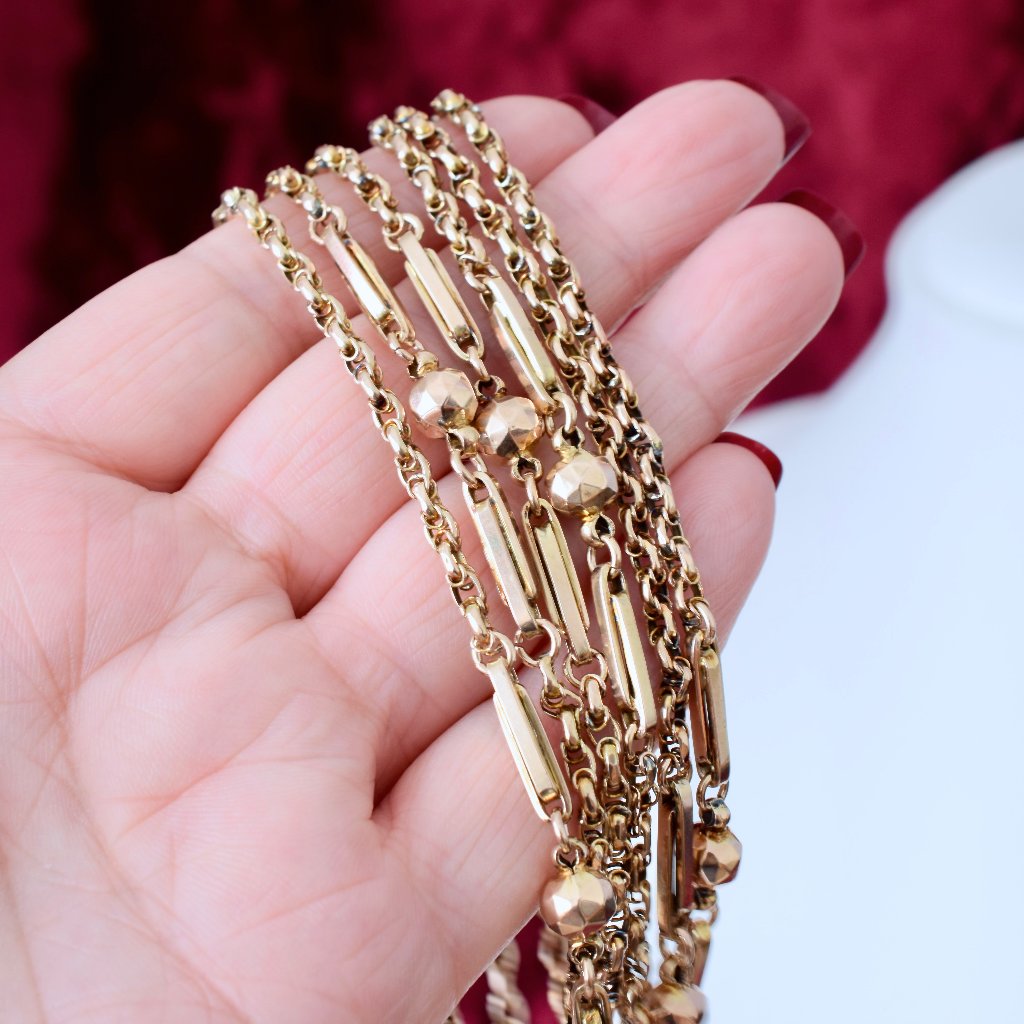 Antique Victorian 9ct Rose Gold Fancy Ball And Link Long Chain Circa 1890