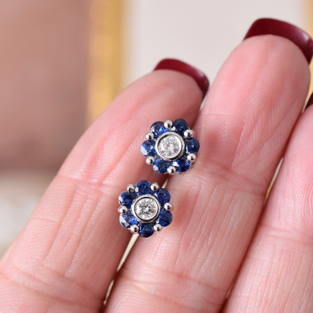 Modern 18ct White Gold Diamond And Sapphire Daisy Cluster Earrings