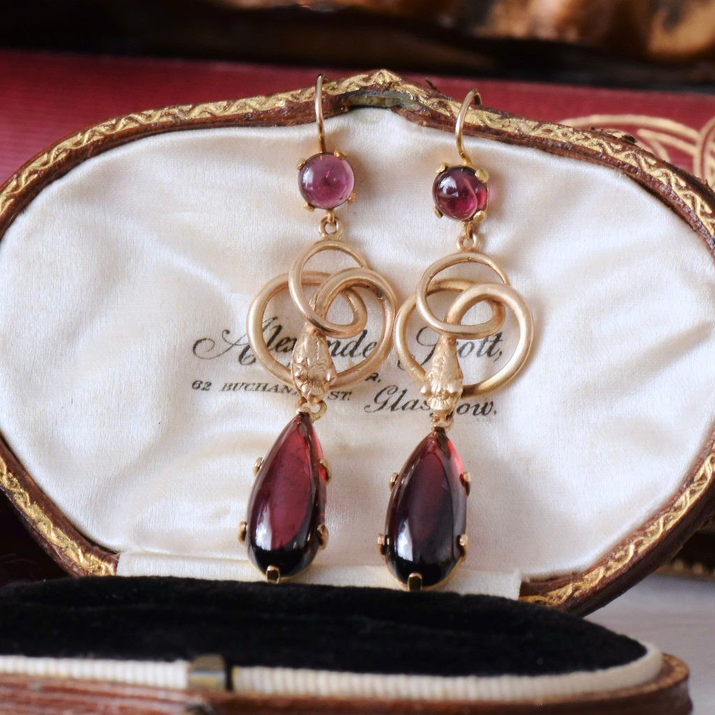 Antique Victorian 11ct Gold And Garnet Snake Earrings Circa 1880