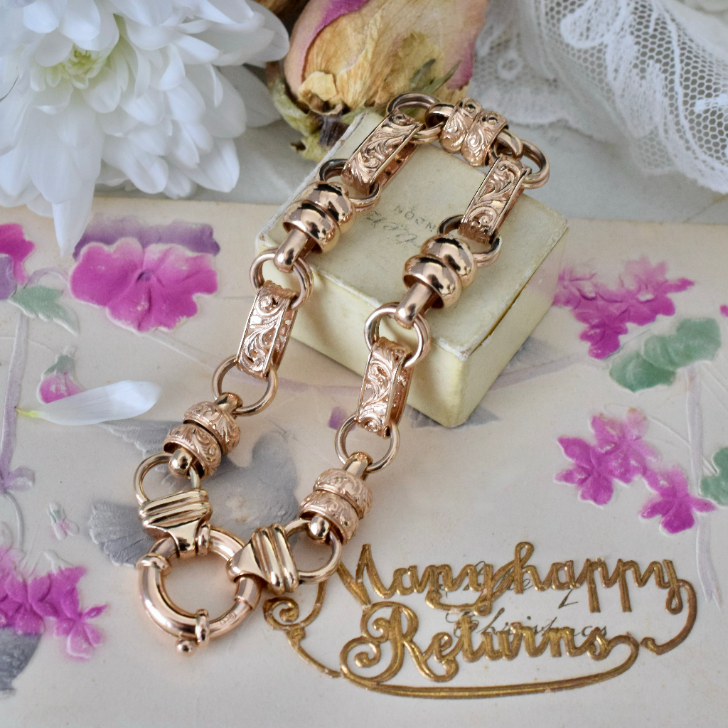 Modern 9ct Rose Gold Fancy Floral ‘Rollo’ Link Bracelet 26 Grams