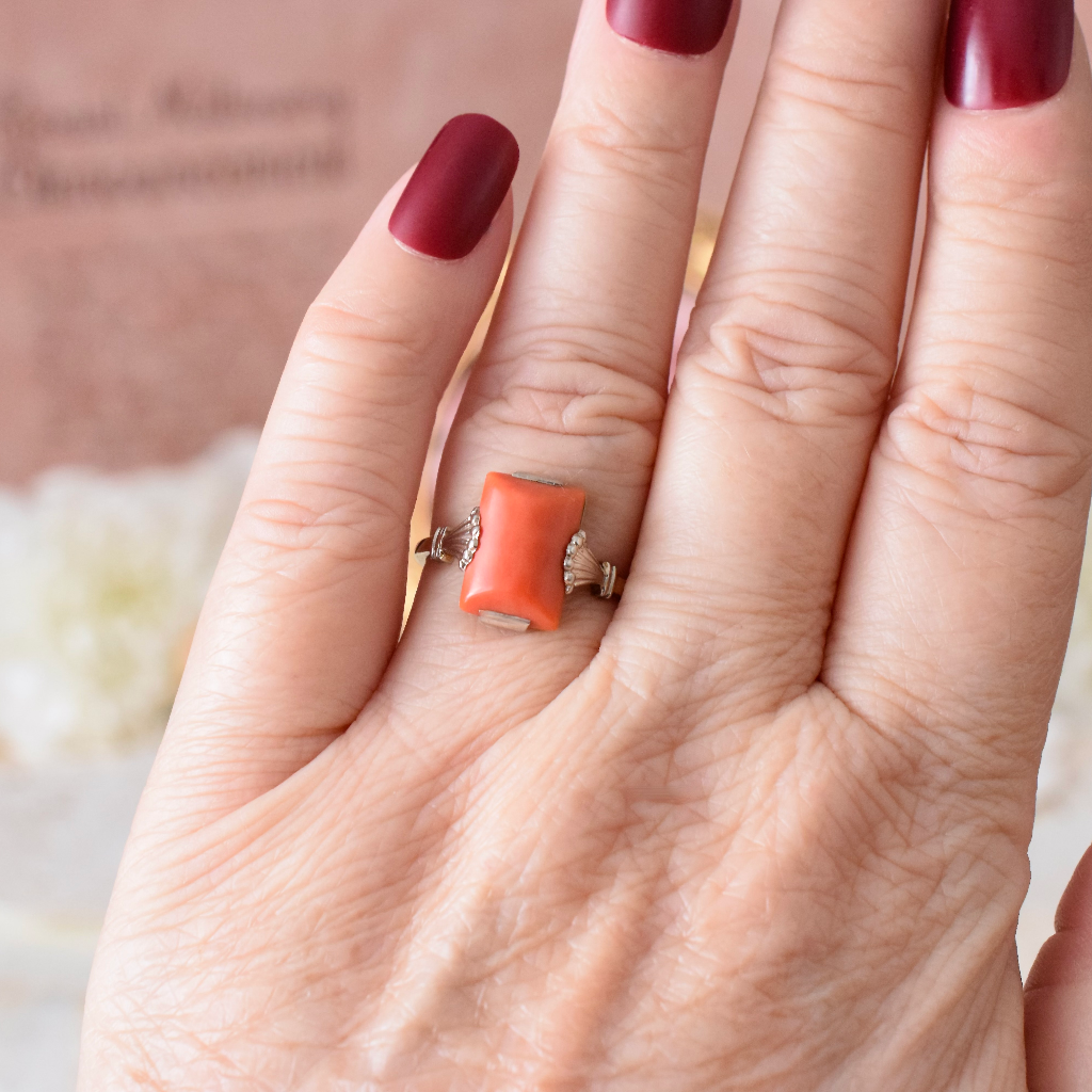 Vintage Art Deco Style 9ct Yellow And White Gold Coral Ring